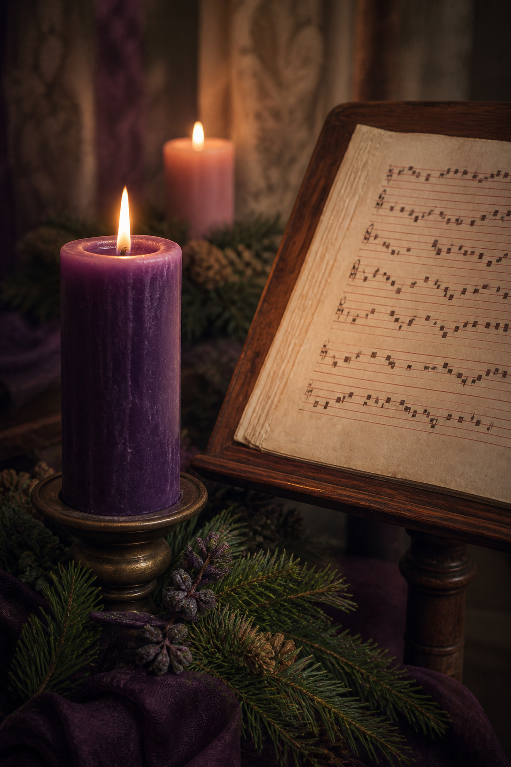 Vela morada de Adviento junto a una partitura antigua