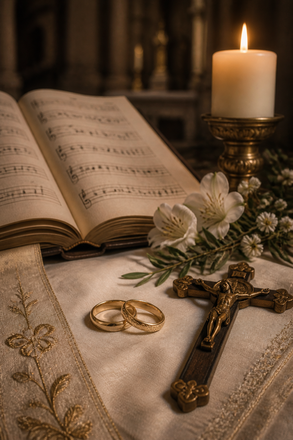 Anillos de matrimonio junto a un crucifijo y una partitura